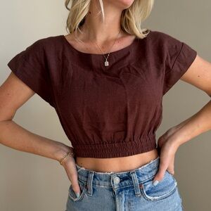 Brown Crop Top Elastic Waist Short Sleeve Minimalist Basic